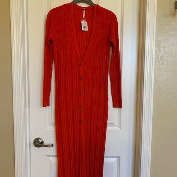 Free People Skylight Ribbed Long Sleeves Fitted Cardigan Red Size XS
